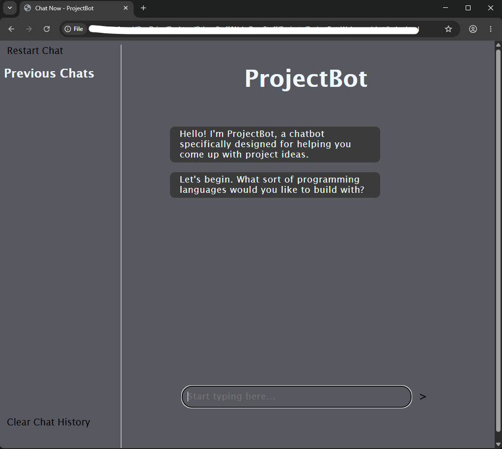 The homepage for ProjectBot's web interface.