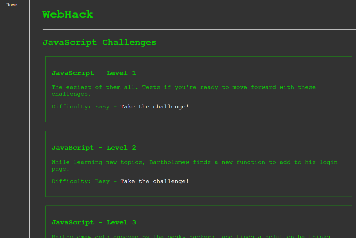 The main page for the JavaScript challenges