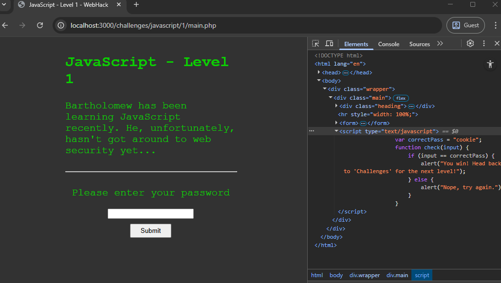 Inspecting the HTML code of JavaScript challenge Level 1